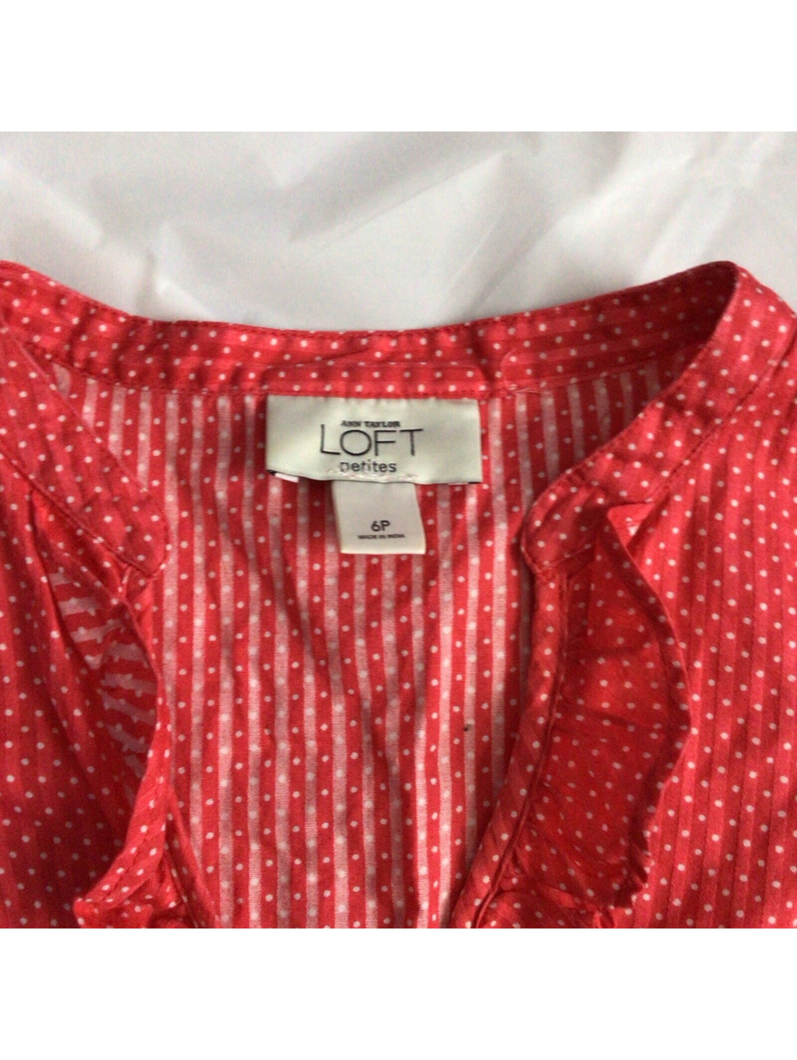 Ann Taylor Loft Red White Polka Dot Ruffle Button V-Neck Blouse Petites 6p